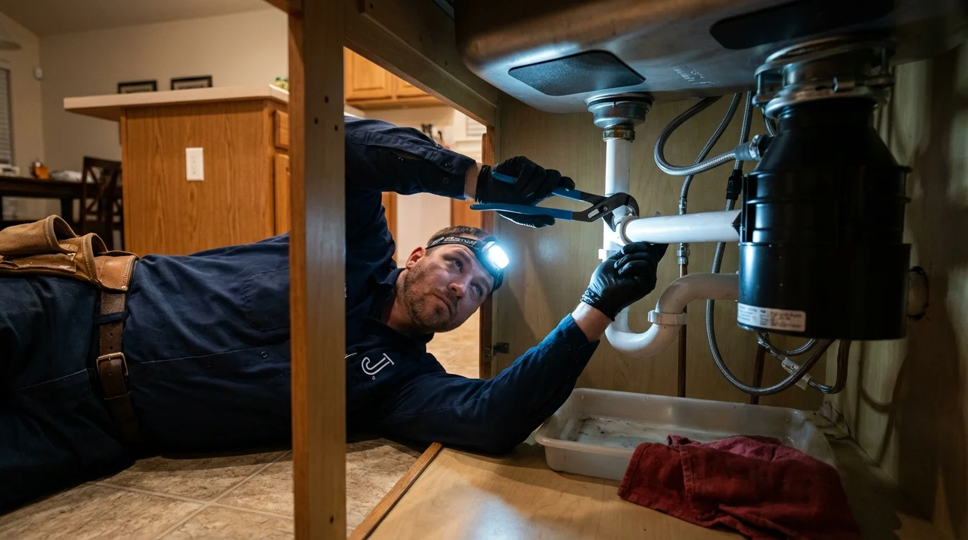 P-trap and supply line connections under a kitchen sink showing a common leak point in Plainfield, IN
